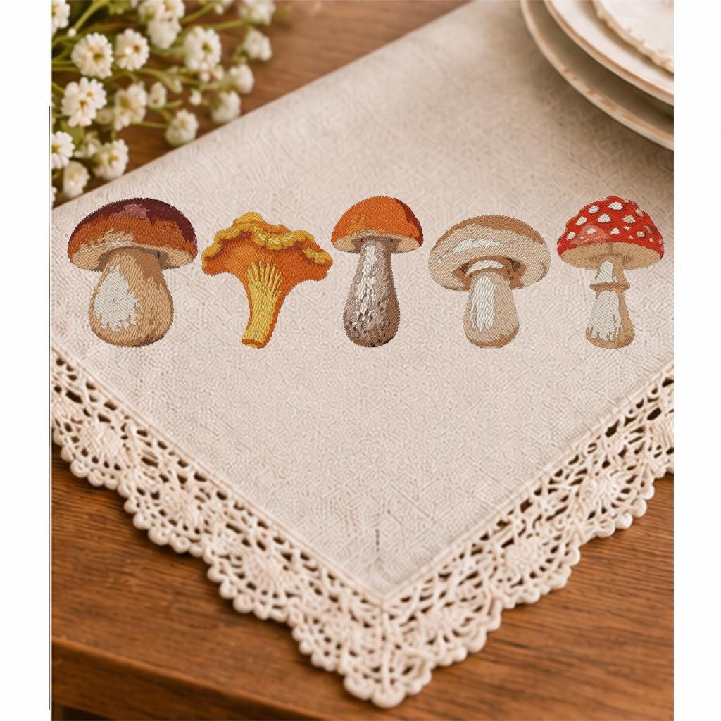 Mushroom Border Machine Embroidery Design, 5 Woodland Mushrooms Row, Fall Chanterelle Porcini Toadstool, PES DST JEF Instant Download - NuttyHappyHobby