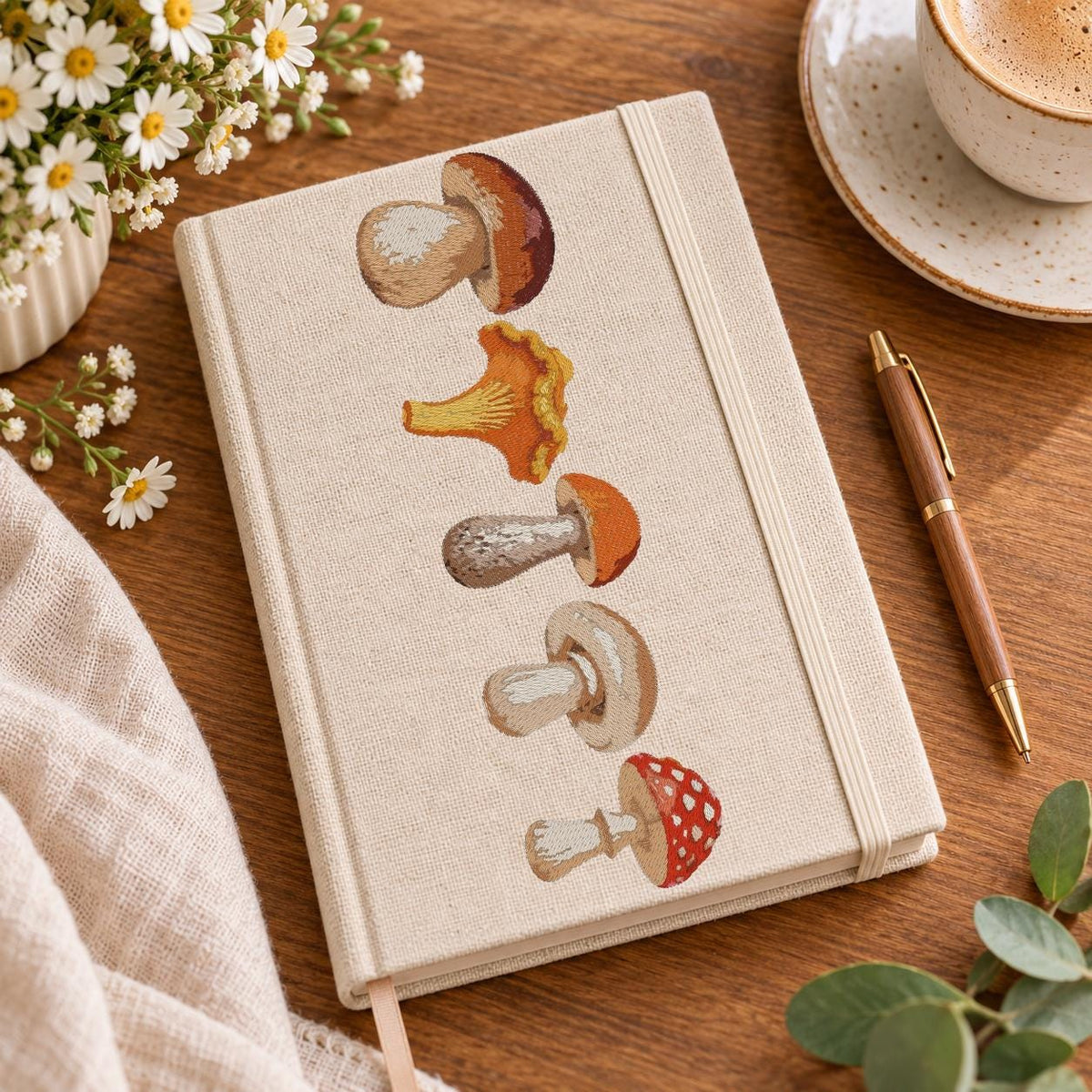 Mushroom Border Machine Embroidery Design, 5 Woodland Mushrooms Row, Fall Chanterelle Porcini Toadstool, PES DST JEF Instant Download - NuttyHappyHobby