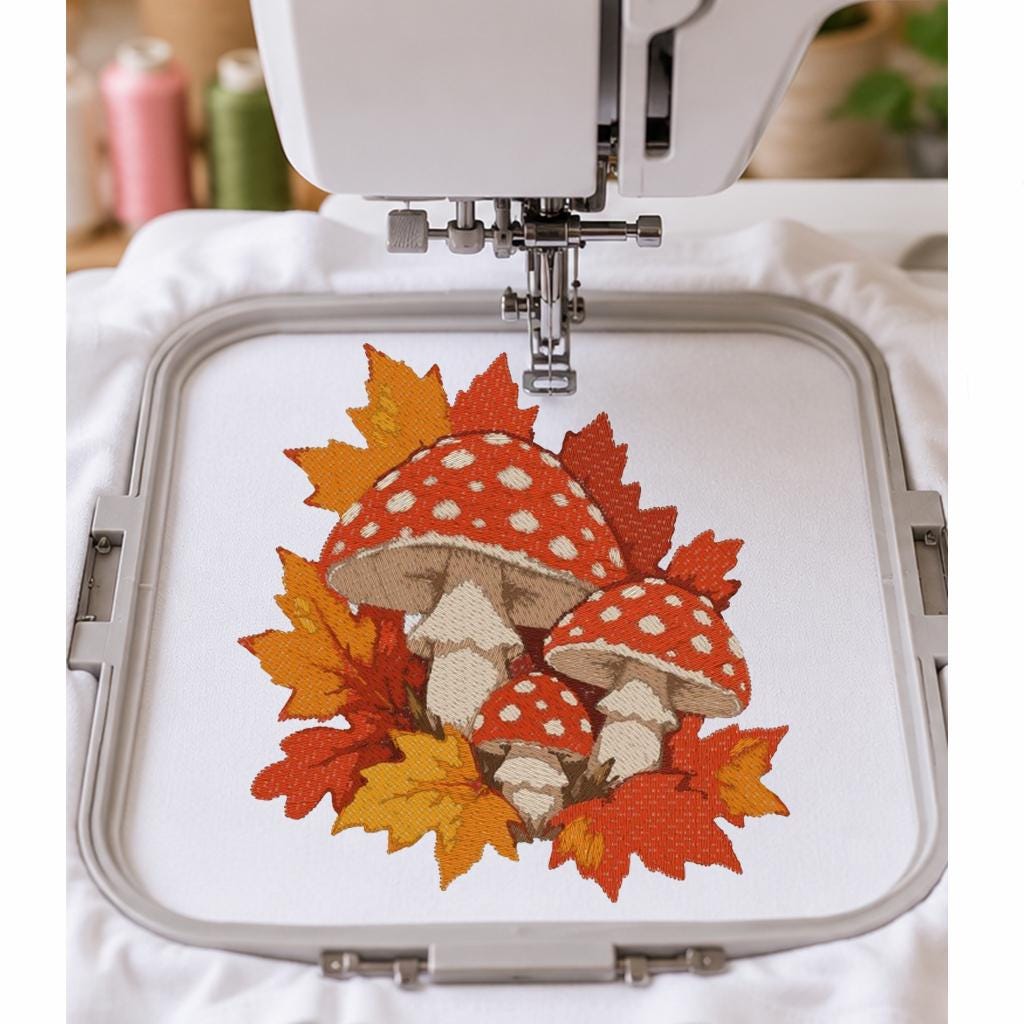 Mushroom Machine Embroidery Design, Red Toadstool Fall Leaves, Autumn Fly Agaric PES DST JEF Embroidery File, Instant Download - NuttyHappyHobby