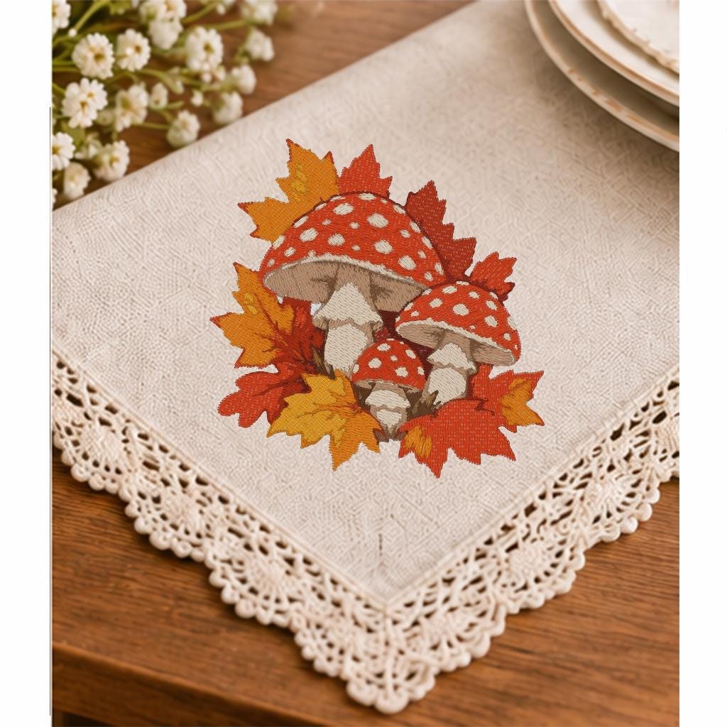 Mushroom Machine Embroidery Design, Red Toadstool Fall Leaves, Autumn Fly Agaric PES DST JEF Embroidery File, Instant Download - NuttyHappyHobby