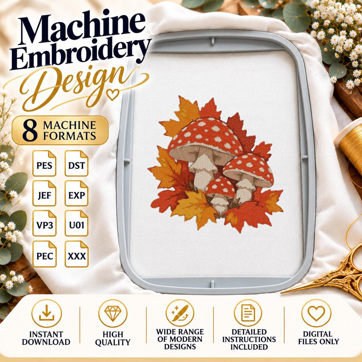 Mushroom Machine Embroidery Design, Red Toadstool Fall Leaves, Autumn Fly Agaric PES DST JEF Embroidery File, Instant Download - NuttyHappyHobby