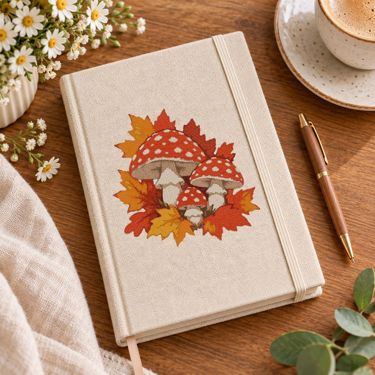 Mushroom Machine Embroidery Design, Red Toadstool Fall Leaves, Autumn Fly Agaric PES DST JEF Embroidery File, Instant Download - NuttyHappyHobby