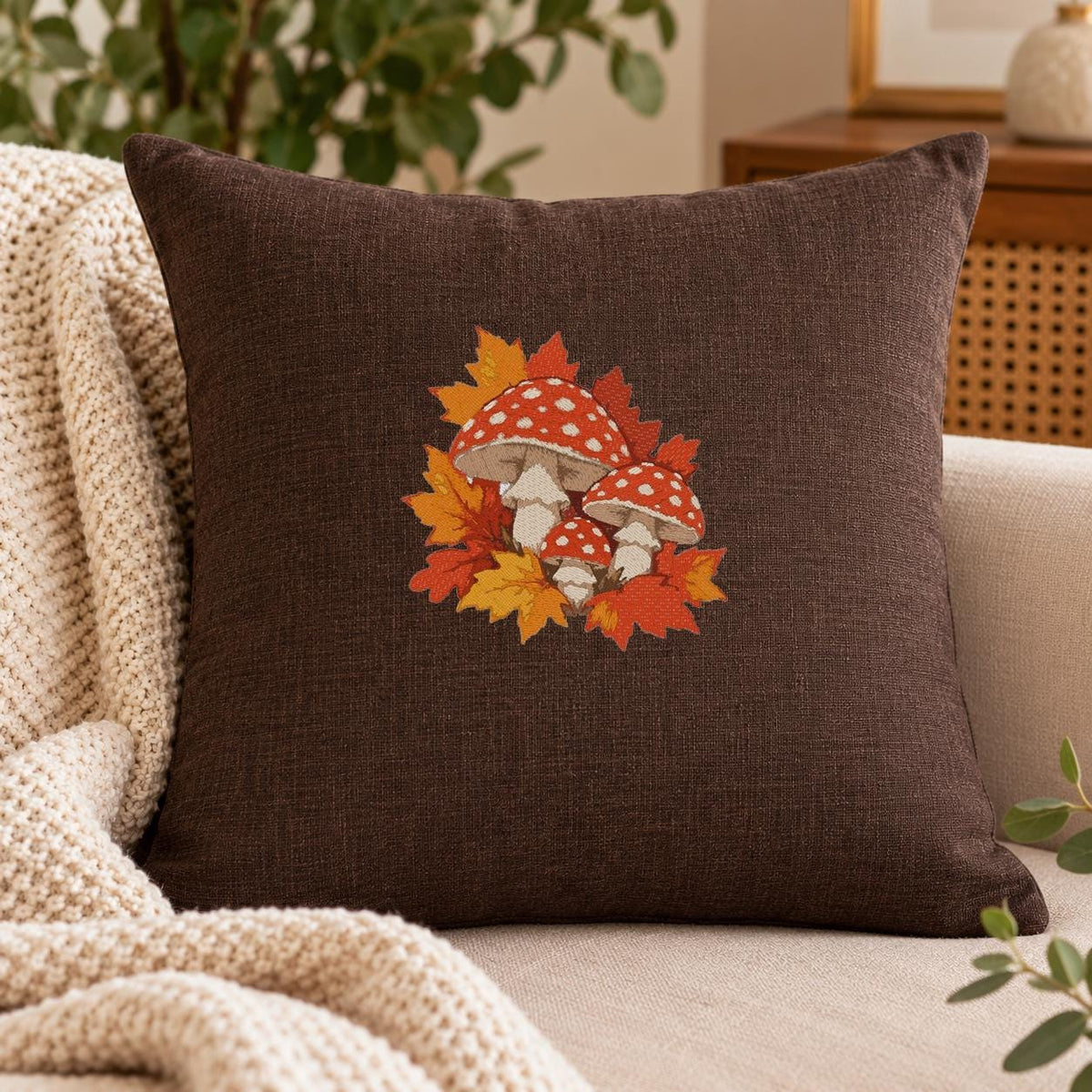 Mushroom Machine Embroidery Design, Red Toadstool Fall Leaves, Autumn Fly Agaric PES DST JEF Embroidery File, Instant Download - NuttyHappyHobby