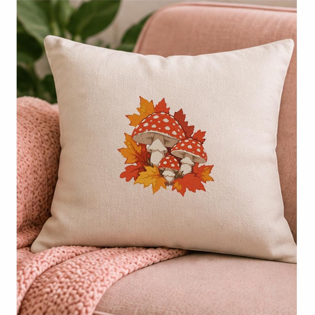 Mushroom Machine Embroidery Design, Red Toadstool Fall Leaves, Autumn Fly Agaric PES DST JEF Embroidery File, Instant Download - NuttyHappyHobby