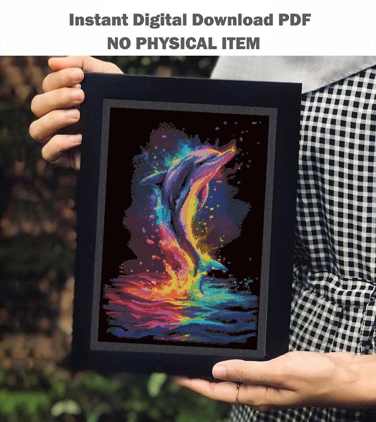 Neon Colorful Dolphin Cross Stitch Pattern PDF Rainbow Sea Animal Embroidery Ocean Wall Decor Nautical Art Instant Download Gift Idea - NuttyHappyHobby