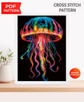 Neon Jellyfish Cross Stitch Pattern PDF, Colorful Ocean Embroidery, Sea Life Cross Stitch, Marine Animal Art, Jellyfish Pattern, Download - NuttyHappyHobby