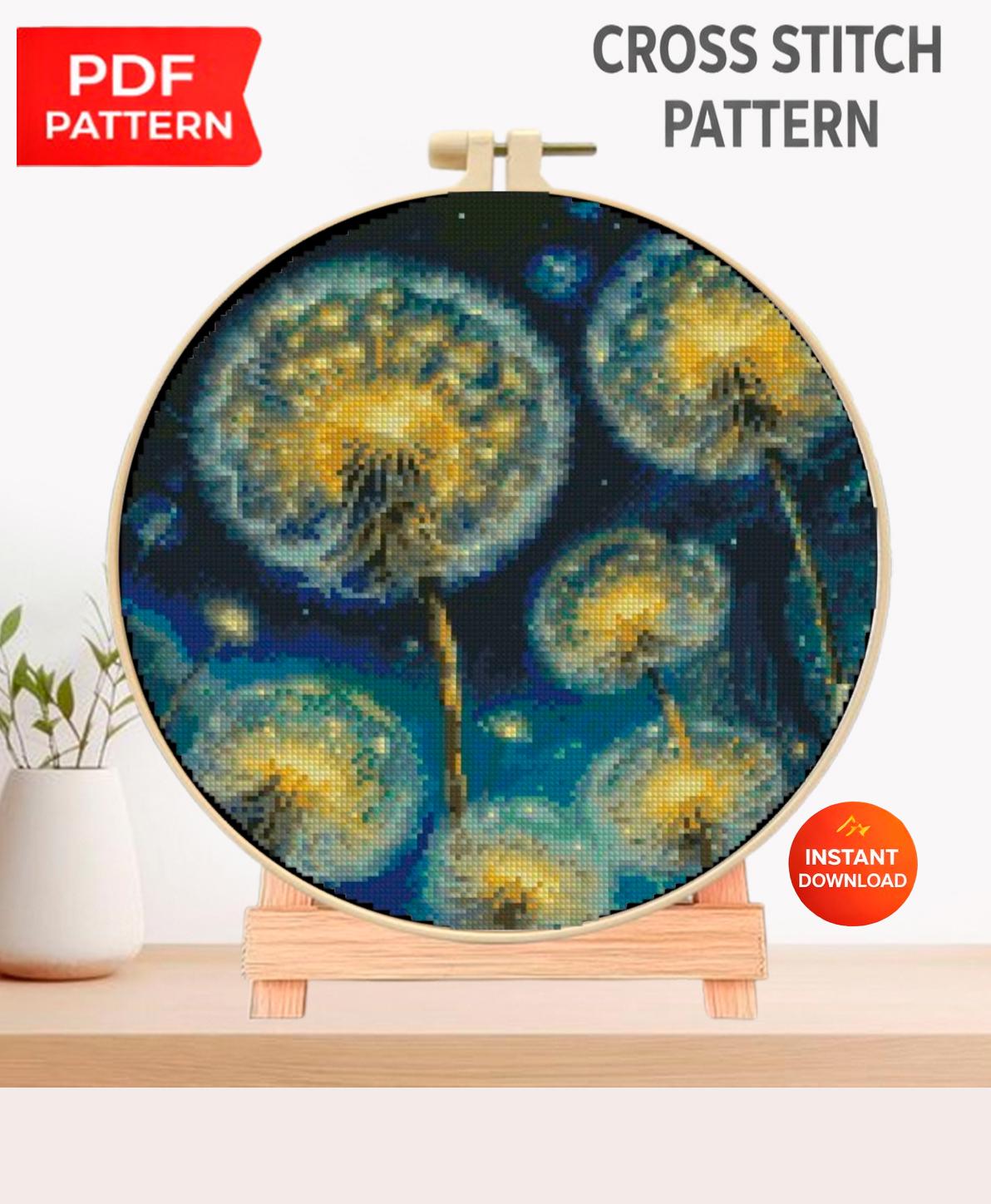 Night Dandelion Cross Stitch Pattern PDF, Blue Gold Floral Embroidery Chart, Round Hoop Botanical Wall Art, Modern Cottage Decor, Download - NuttyHappyHobby