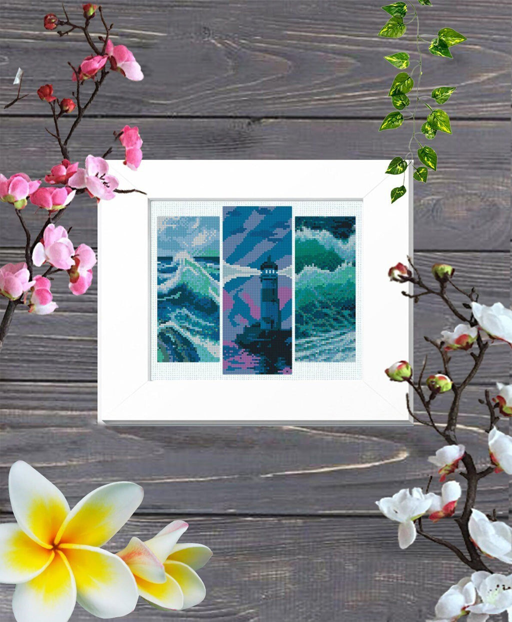 Ocean Cross Stitch Pattern Set PDF, Lighthouse Sea Waves Embroidery Design, Nautical Landscape Triptych Modern Cross Stitch Digital Download - NuttyHappyHobby