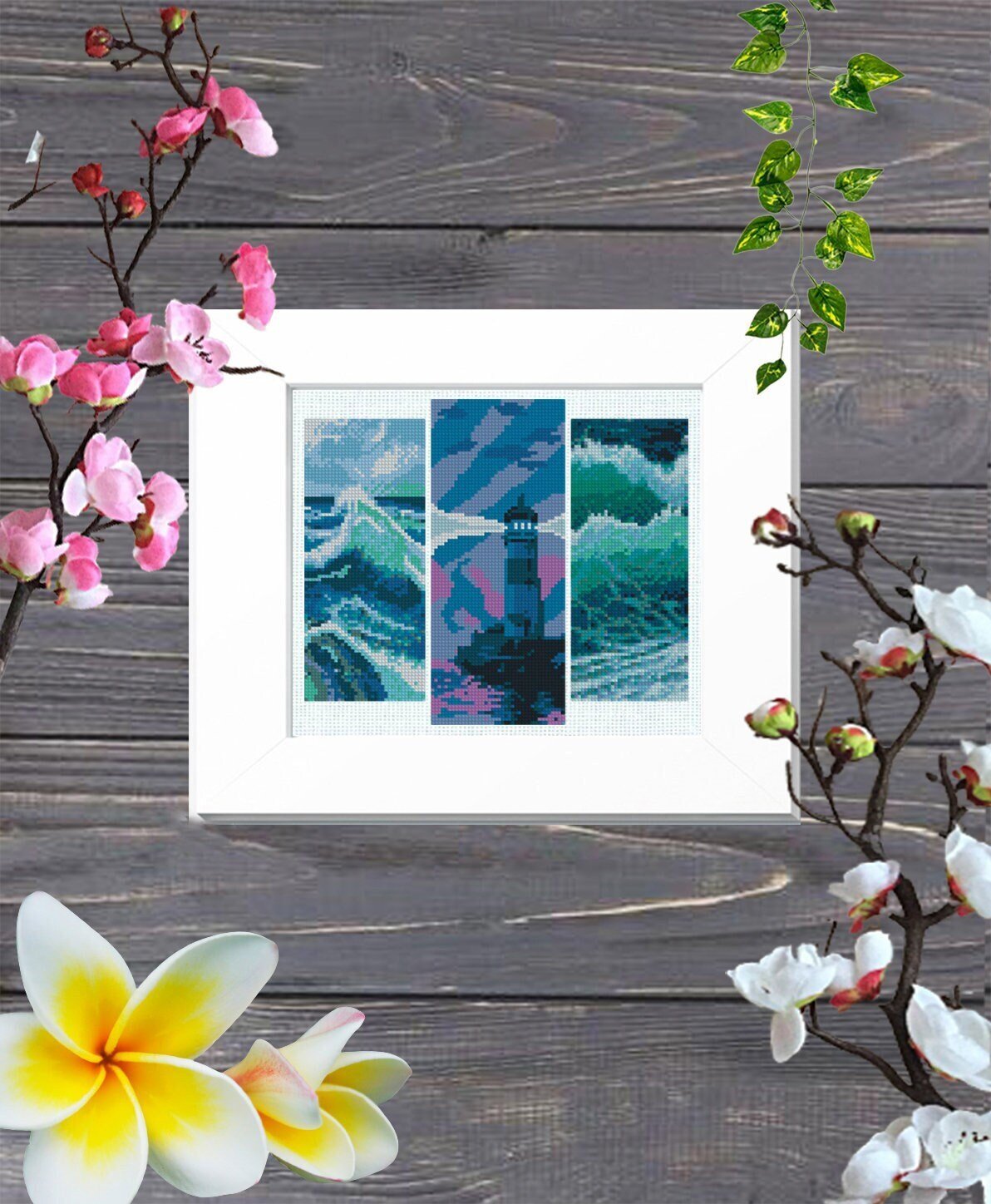 Ocean Cross Stitch Pattern Set PDF, Lighthouse Sea Waves Embroidery Design, Nautical Landscape Triptych Modern Cross Stitch Digital Download - NuttyHappyHobby
