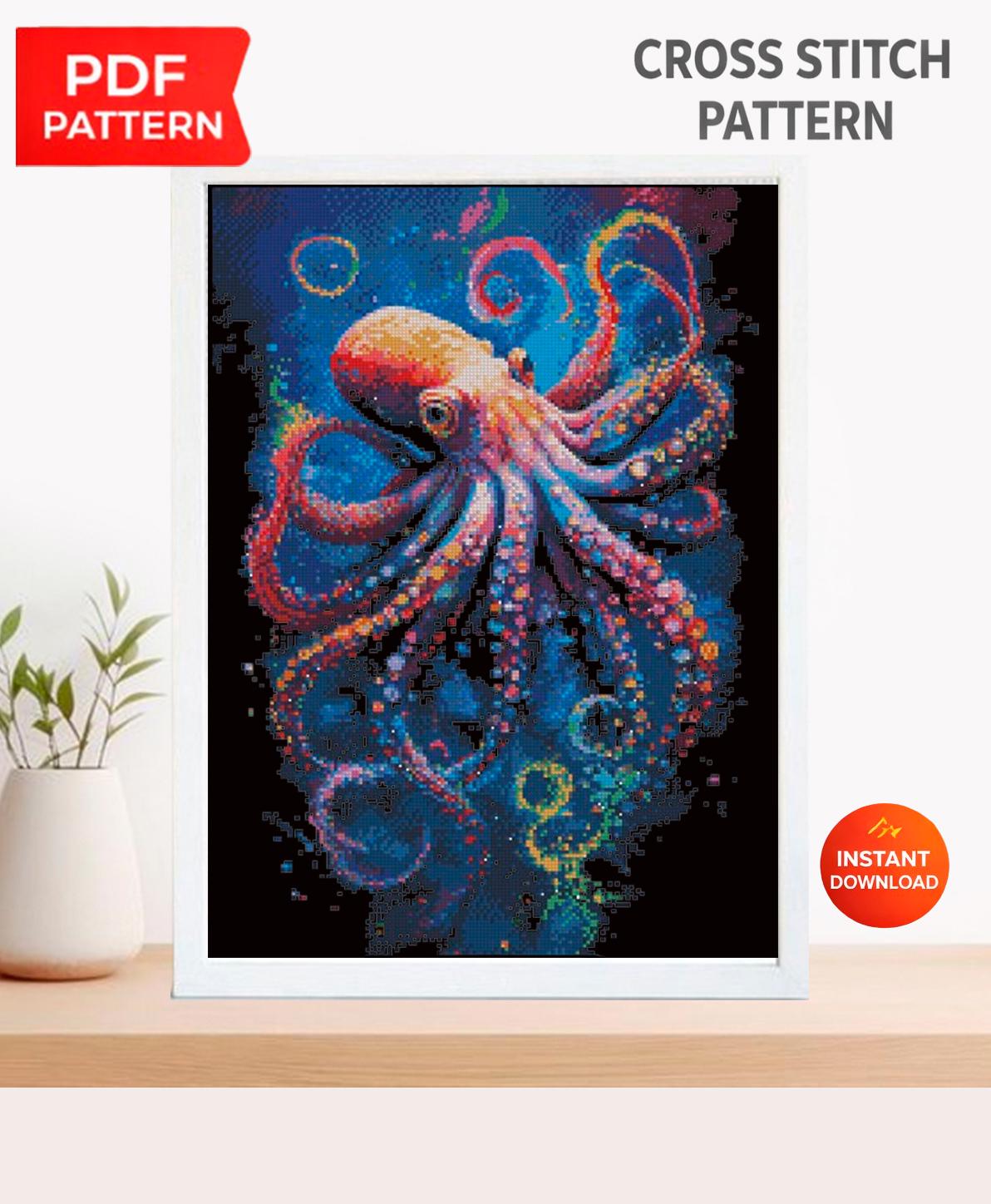Octopus Cross Stitch Pattern PDF Colorful Sea Animal Embroidery Ocean Decor Nautical Wall Art Instant Download Gift, Modern Nautical Decor - NuttyHappyHobby