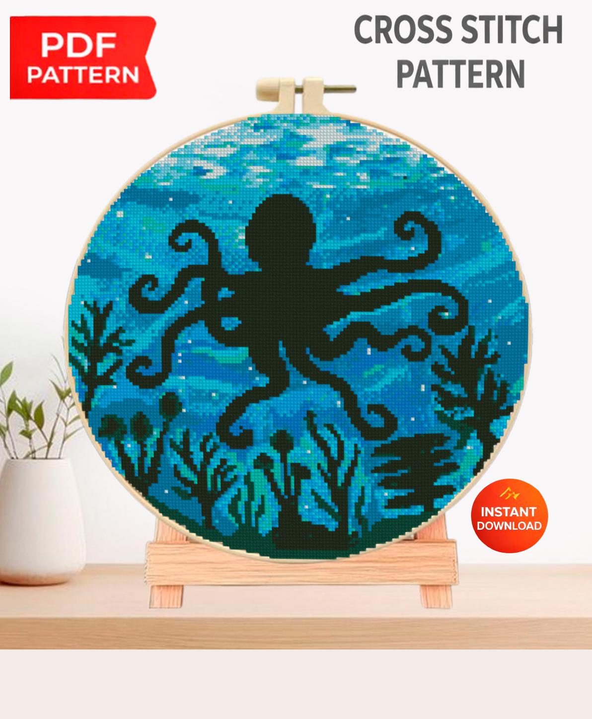 Octopus Cross Stitch Pattern PDF, Ocean Embroidery Pattern, Marine Life Cross Stitch, Underwater Scene Design, Nautical Decor, Download - NuttyHappyHobby