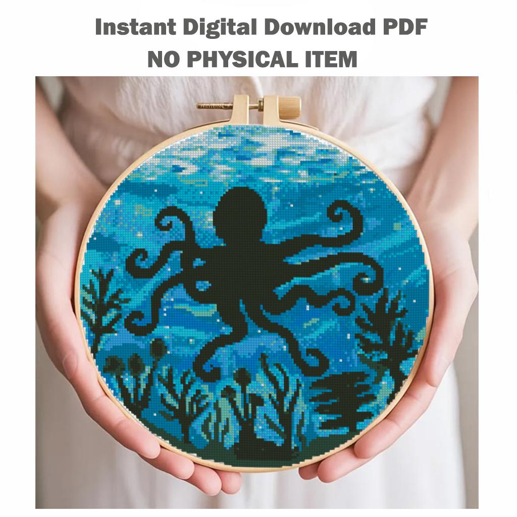 Octopus Cross Stitch Pattern PDF, Ocean Embroidery Pattern, Marine Life Cross Stitch, Underwater Scene Design, Nautical Decor, Download - NuttyHappyHobby