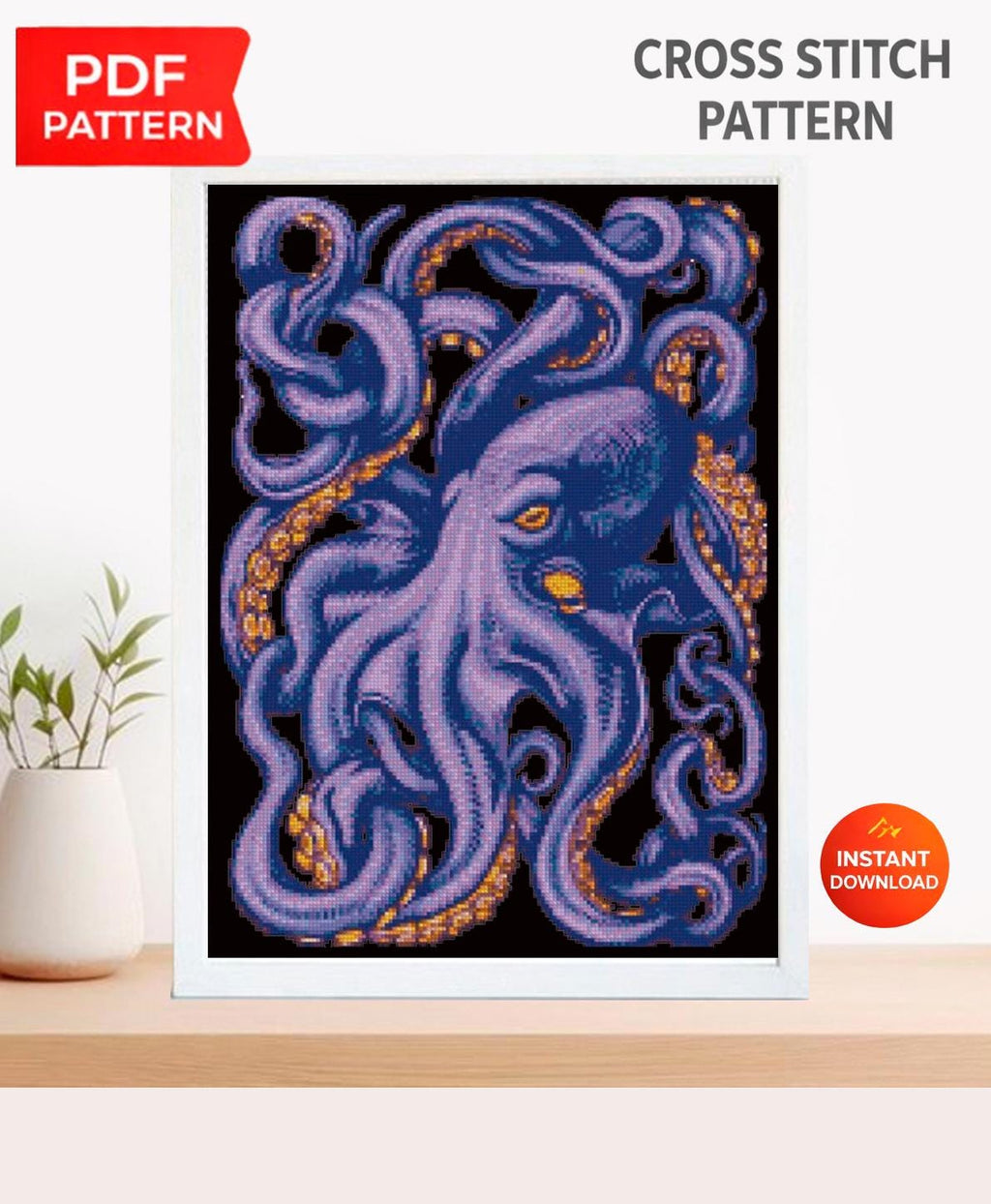 Octopus Cross Stitch Pattern PDF, Purple Octopus Embroidery Pattern, Ocean Cross Stitch, Marine Life Art, Nautical Decor, download patterns - NuttyHappyHobby