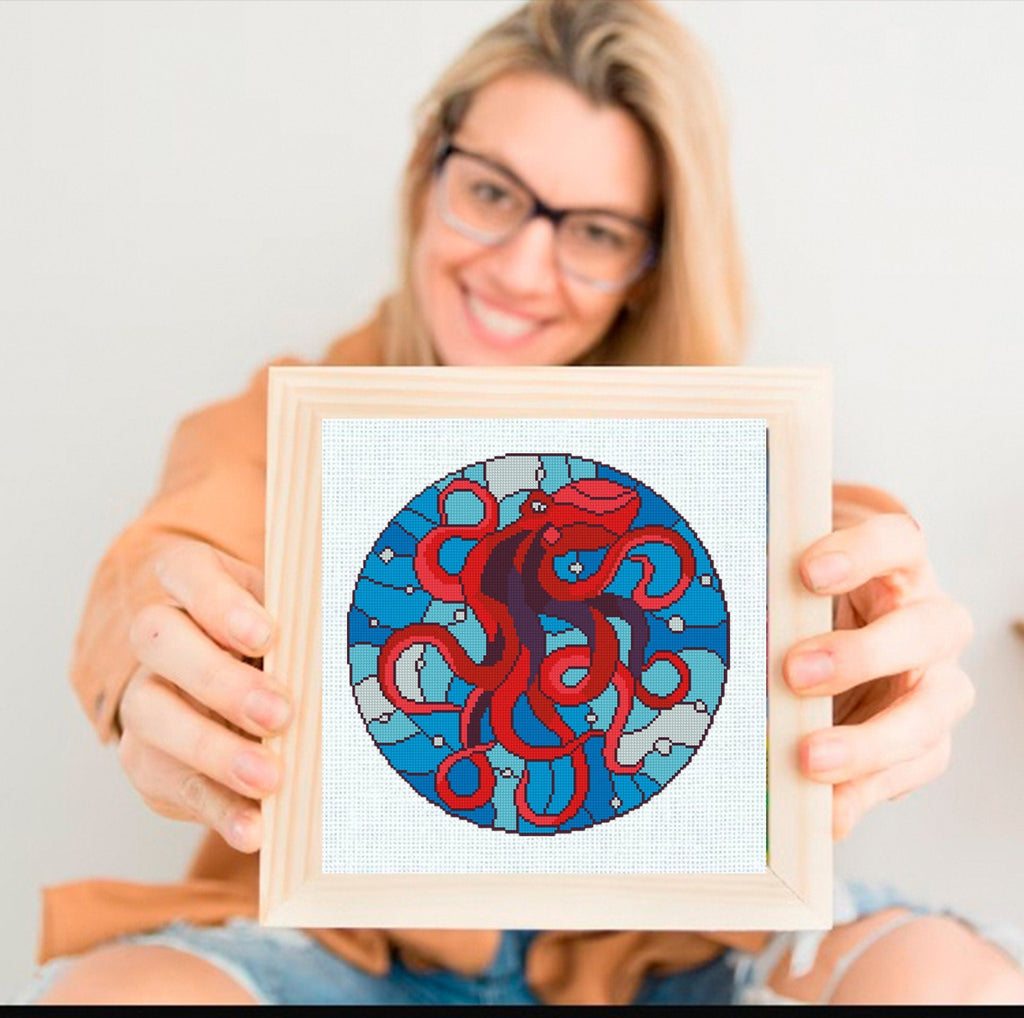 Octopus Cross Stitch Pattern PDF, Stained Glass Octopus Embroidery, Ocean Cross Stitch, Marine Life Pattern, Nautical Wall Art, download pdf - NuttyHappyHobby