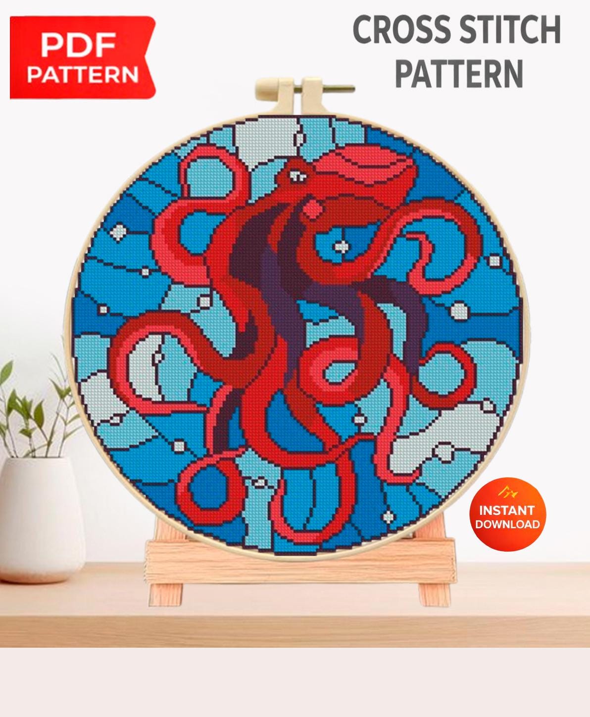 Octopus Cross Stitch Pattern PDF, Stained Glass Octopus Embroidery, Ocean Cross Stitch, Marine Life Pattern, Nautical Wall Art, download pdf - NuttyHappyHobby