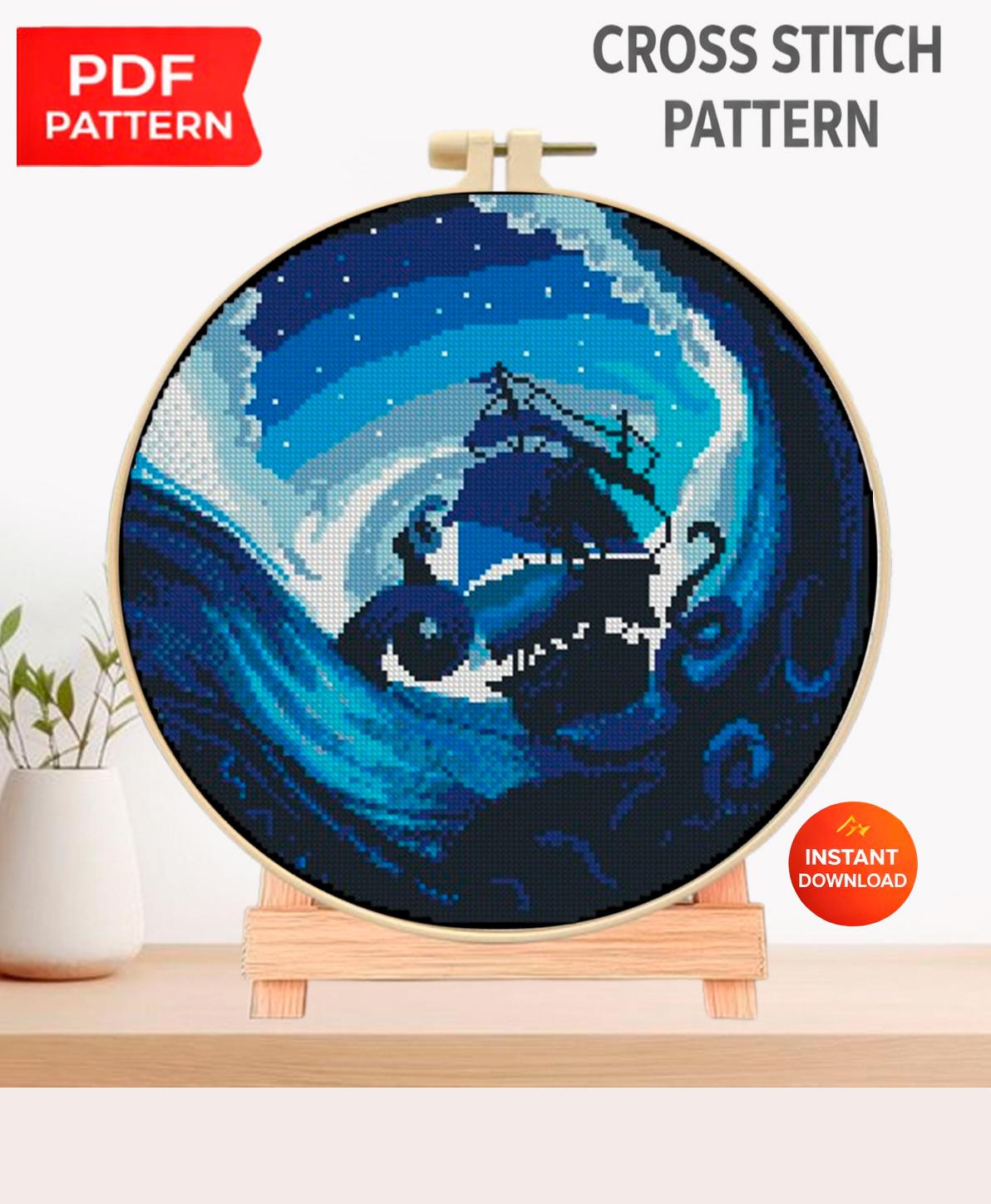 Octopus Kraken Cross Stitch Pattern PDF, Nautical Ocean Wave Ship Embroidery Design, Sea Monster Modern Cross Stitch Digital Download pdf - NuttyHappyHobby
