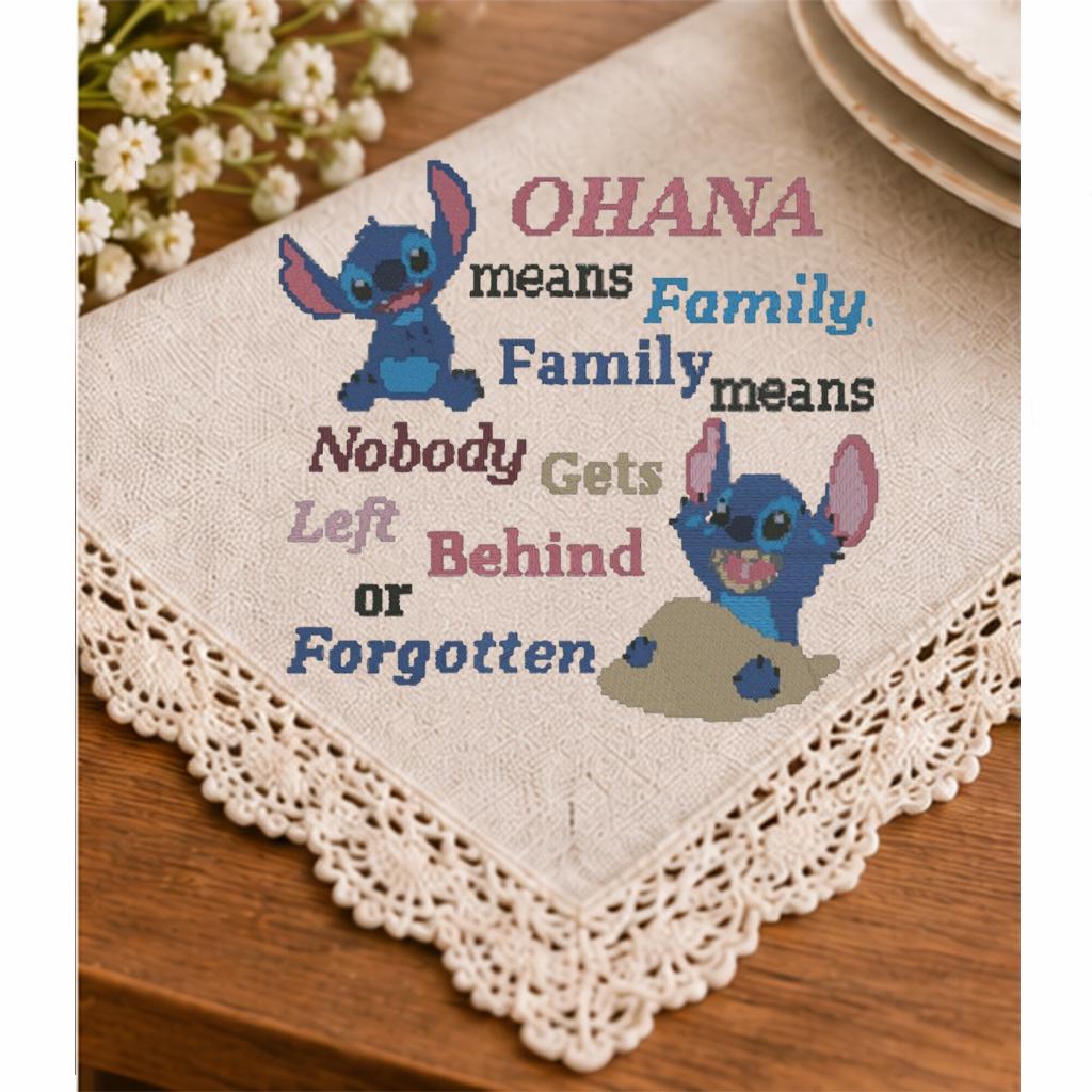 Ohana Family Quote Machine Embroidery Design, Cute Blue Alien Cartoon, Nobody Gets Left Behind, PES DST JEF, Instant Download - NuttyHappyHobby