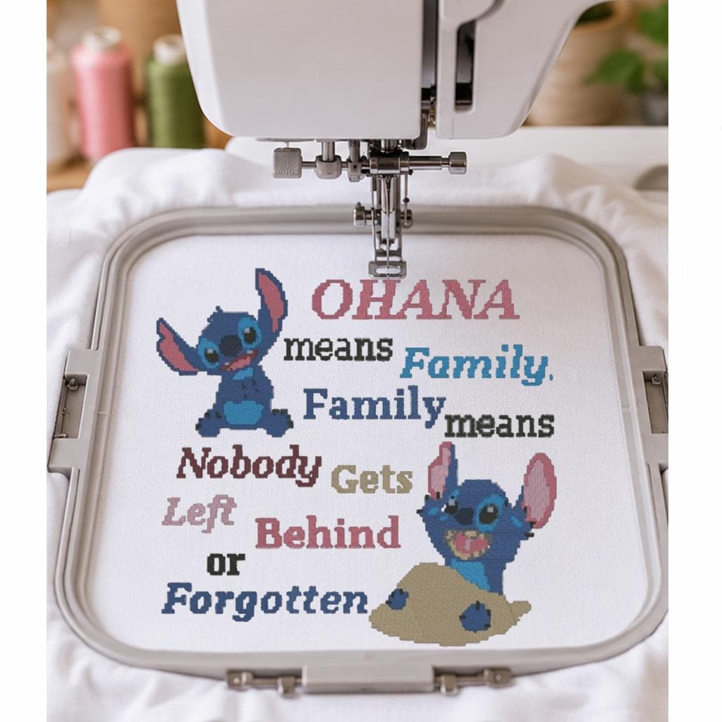 Ohana Family Quote Machine Embroidery Design, Cute Blue Alien Cartoon, Nobody Gets Left Behind, PES DST JEF, Instant Download - NuttyHappyHobby