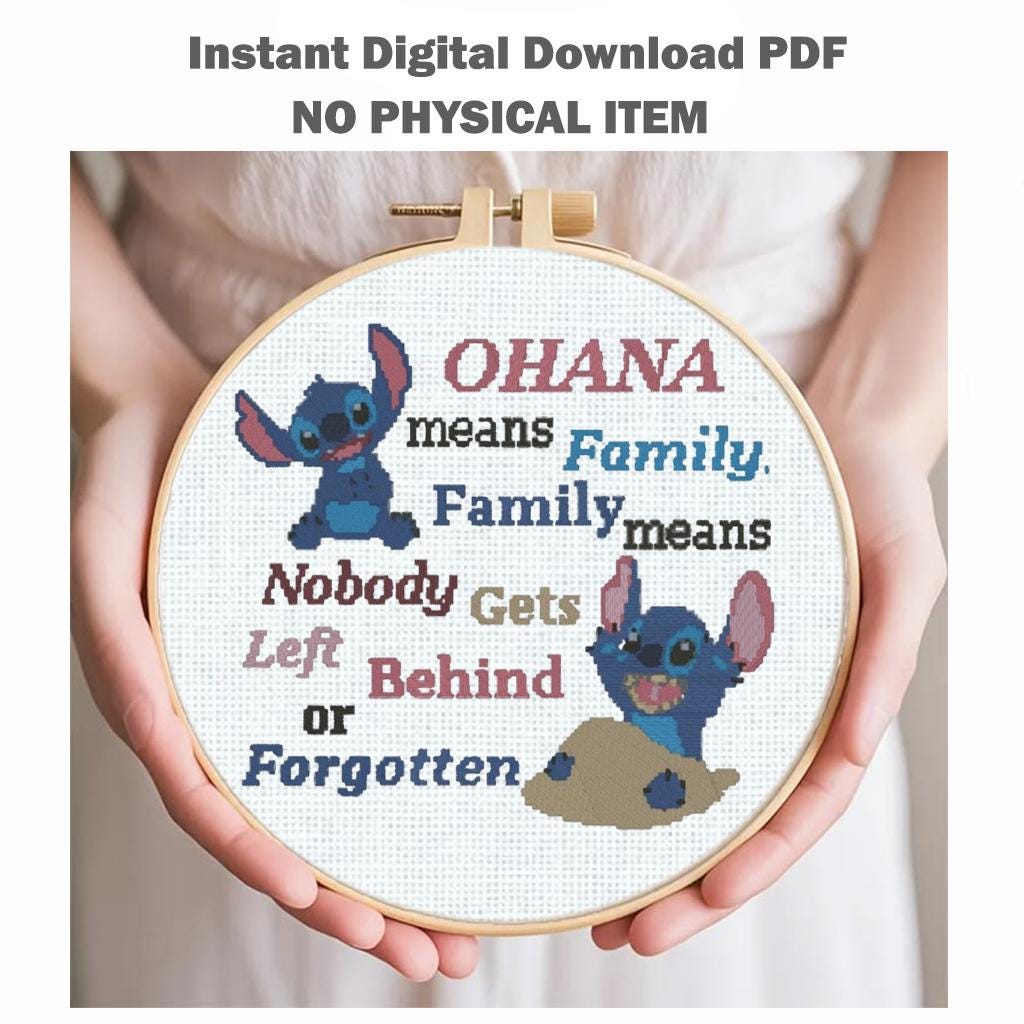 Ohana Family Quote Machine Embroidery Design, Cute Blue Alien Cartoon, Nobody Gets Left Behind, PES DST JEF, Instant Download - NuttyHappyHobby