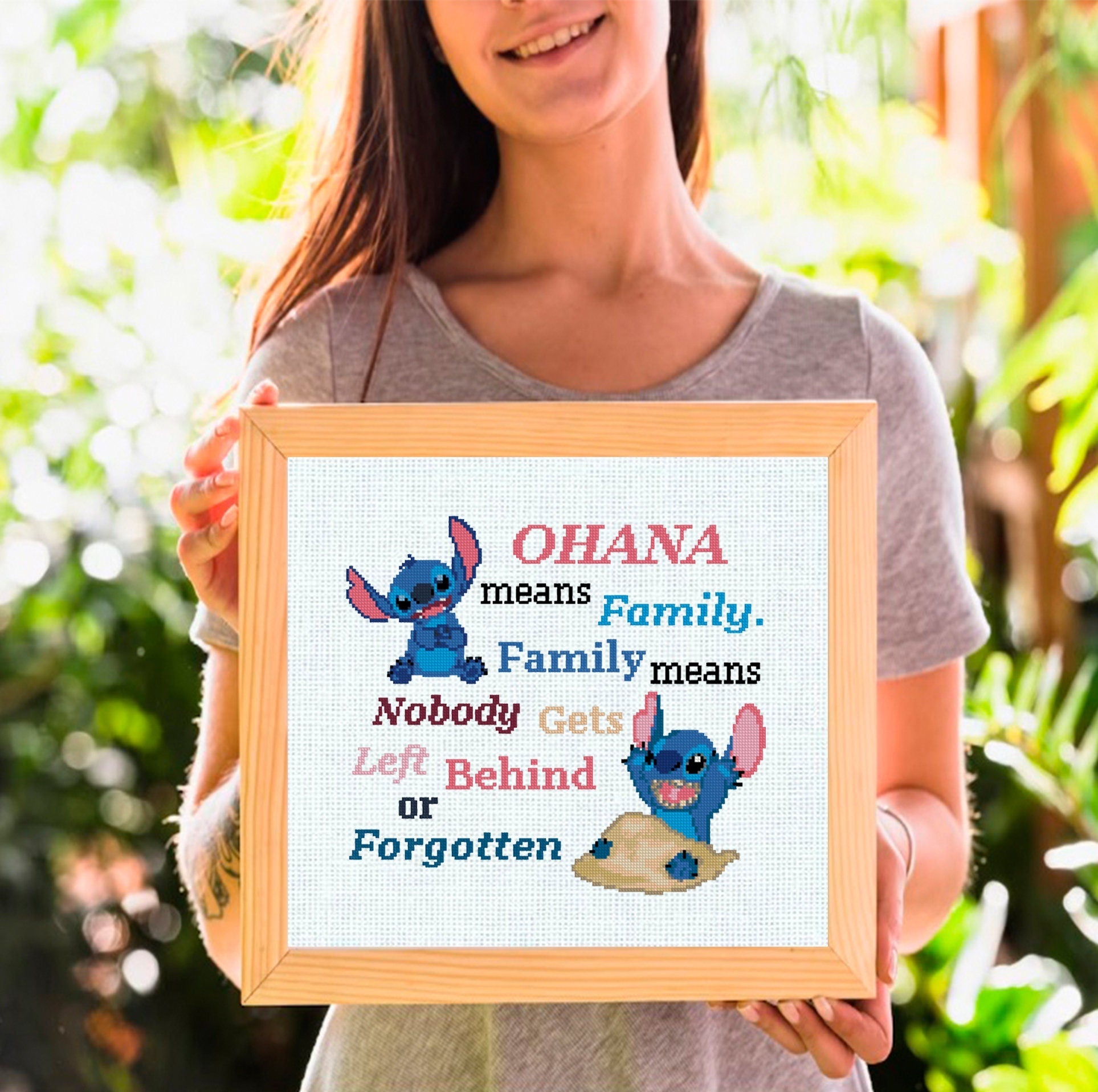 Ohana Means Family Cross Stitch Pattern PDF, Cute Alien Quote Embroidery Design, Tropical Family Quote Needlework, Colorful Text Stitch, 90s - NuttyHappyHobby
