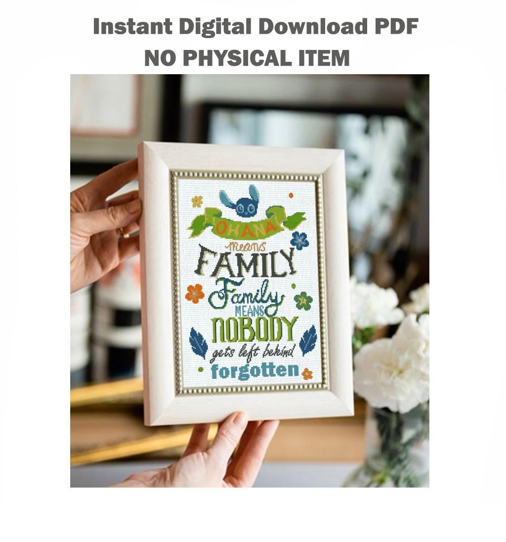 Ohana Means Family Cross Stitch Pattern PDF, Cute Alien Quote Embroidery Design, Tropical Family Quote Needlework, Colorful Text Stitch, 90s - NuttyHappyHobby