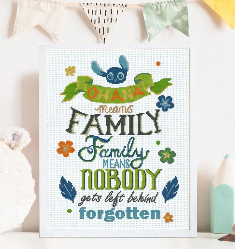Ohana Means Family Cross Stitch Pattern PDF, Cute Alien Quote Embroidery Design, Tropical Family Quote Needlework, Colorful Text Stitch, 90s - NuttyHappyHobby