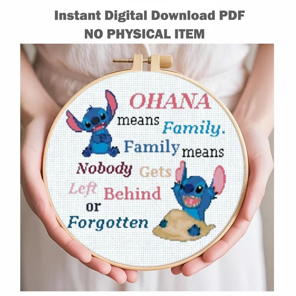 Ohana Means Family Cross Stitch Pattern PDF, Cute Alien Quote Embroidery Design, Tropical Family Quote Needlework, Colorful Text Stitch, 90s - NuttyHappyHobby
