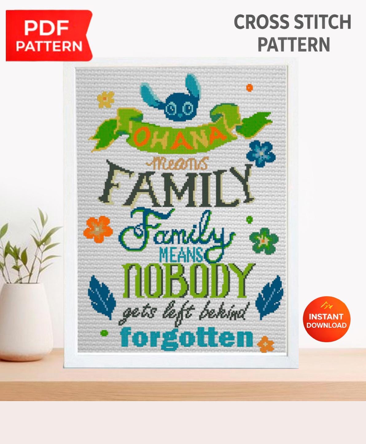 Ohana Means Family Cross Stitch Pattern PDF, Cute Alien Quote Embroidery Design, Tropical Family Quote Needlework, Colorful Text Stitch, 90s - NuttyHappyHobby