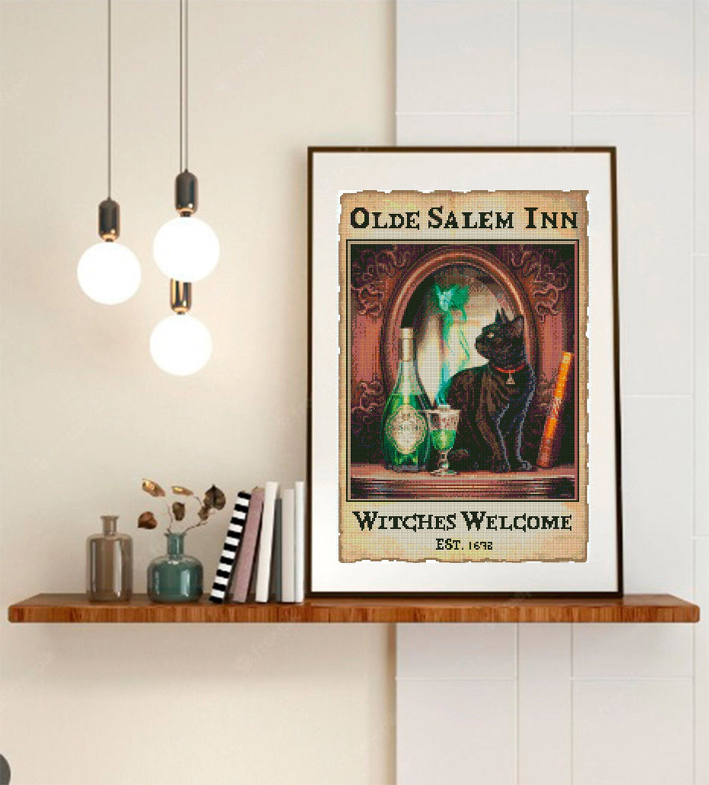 Olde Salem Inn Cross Stitch Pattern PDF, Witchy Black Cat Embroidery Design, Salem Witch Cross Stitch, Gothic Halloween Decor, Download - NuttyHappyHobby