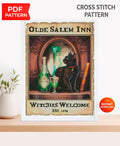 Olde Salem Inn Cross Stitch Pattern PDF, Witchy Black Cat Embroidery Design, Salem Witch Cross Stitch, Gothic Halloween Decor, Download - NuttyHappyHobby