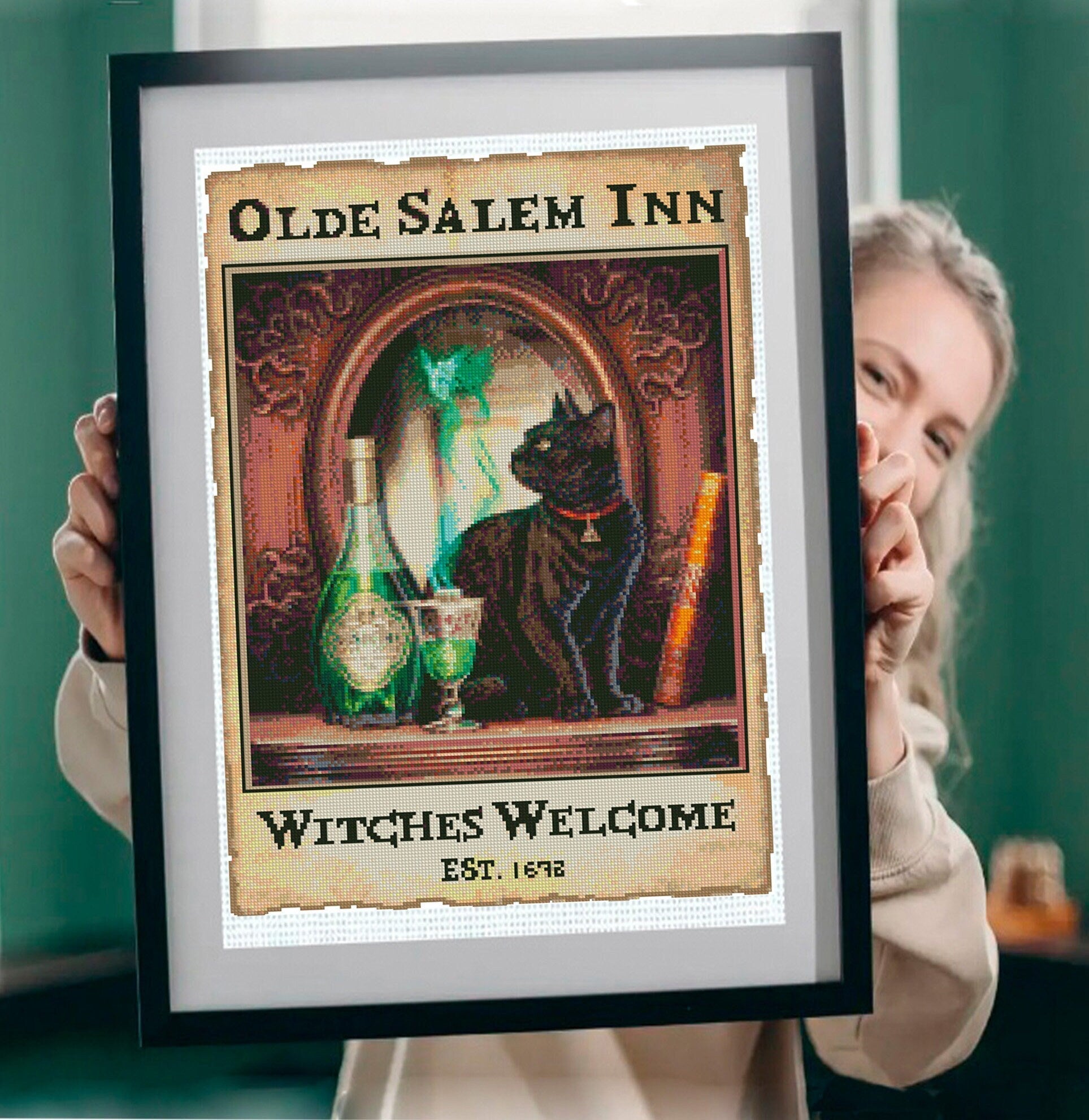 Olde Salem Inn Cross Stitch Pattern PDF, Witchy Black Cat Embroidery Design, Salem Witch Cross Stitch, Gothic Halloween Decor, Download - NuttyHappyHobby