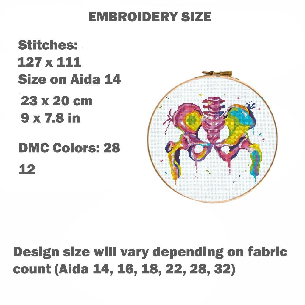 Pelvic Bones Cross Stitch Pattern PDF, Colorful Pelvis Anatomy Embroidery Chart, Modern Medical Illustration Art, Orthopedic Needlepoint - NuttyHappyHobby