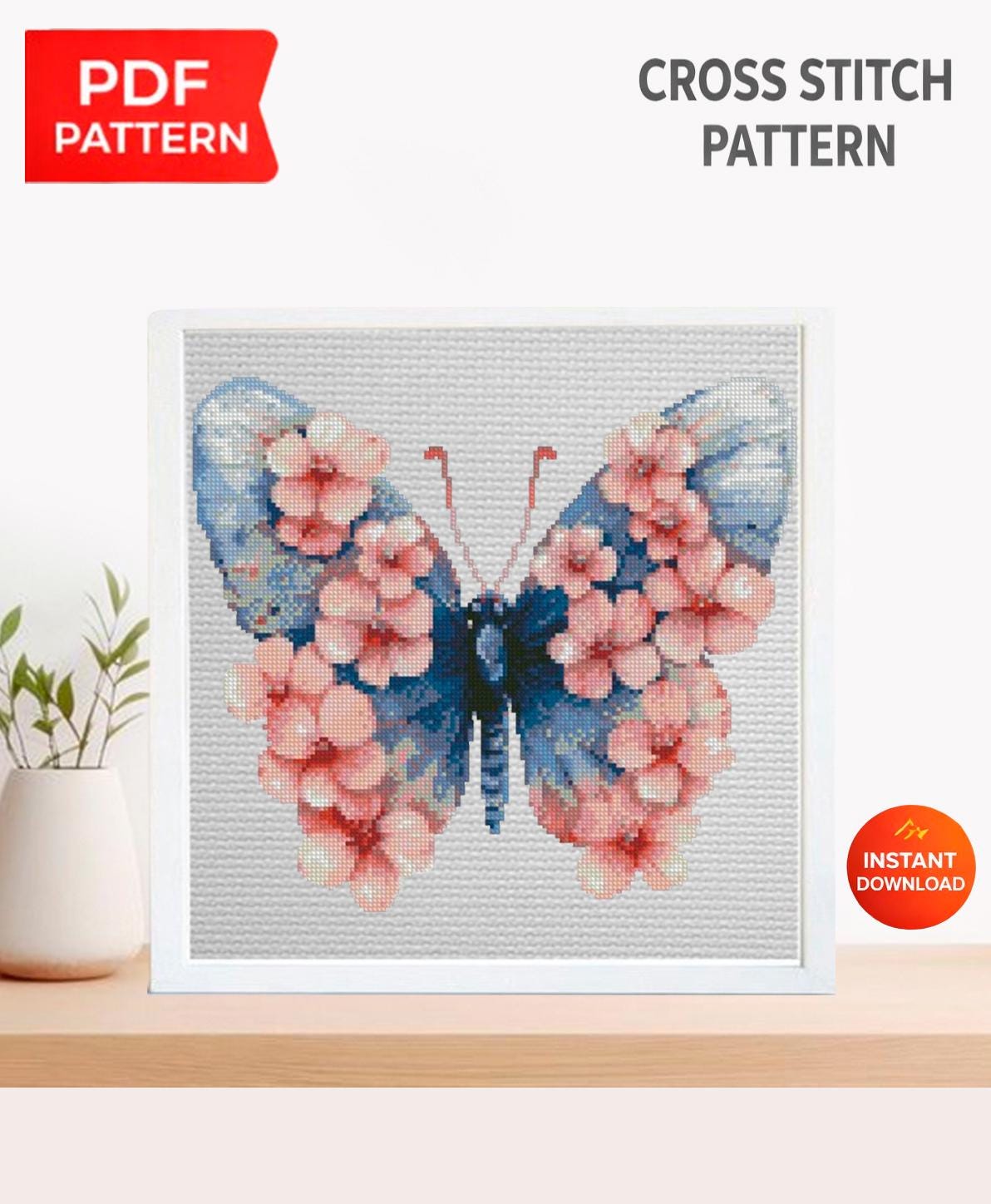 Pink Butterfly Cross Stitch Pattern PDF, Floral Butterfly Embroidery Design, Botanical Nature Cross Stitch Chart, Spring Needlepoint, Keeper - NuttyHappyHobby