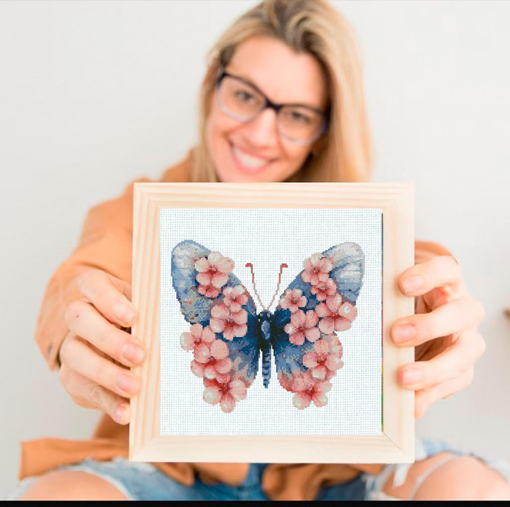Pink Butterfly Cross Stitch Pattern PDF, Floral Butterfly Embroidery Design, Botanical Nature Cross Stitch Chart, Spring Needlepoint, Keeper - NuttyHappyHobby