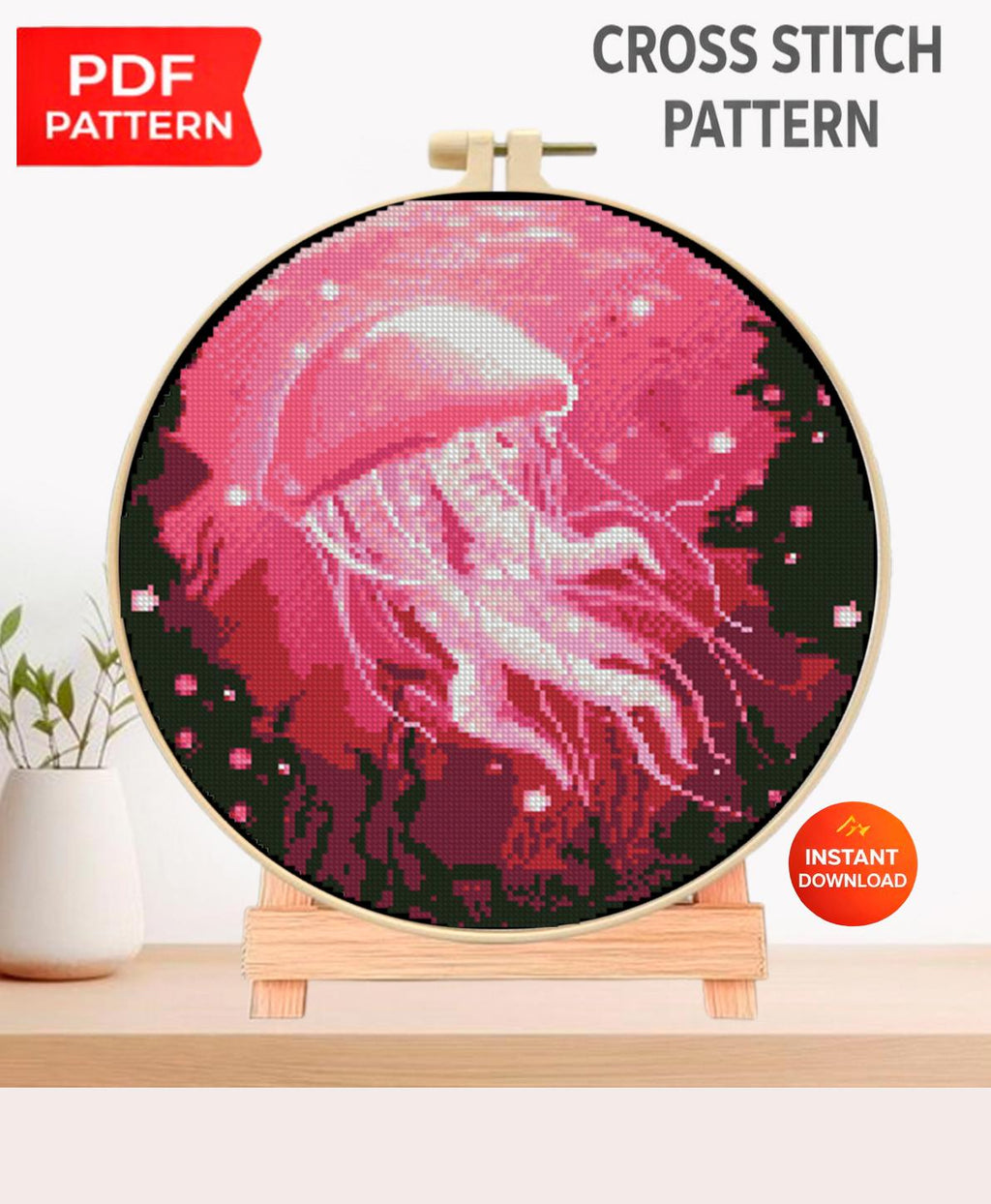 Pink Jellyfish Cross Stitch Pattern PDF, Ocean Embroidery Pattern, Marine Life Cross Stitch, Colorful Sea Creature Art - NuttyHappyHobby