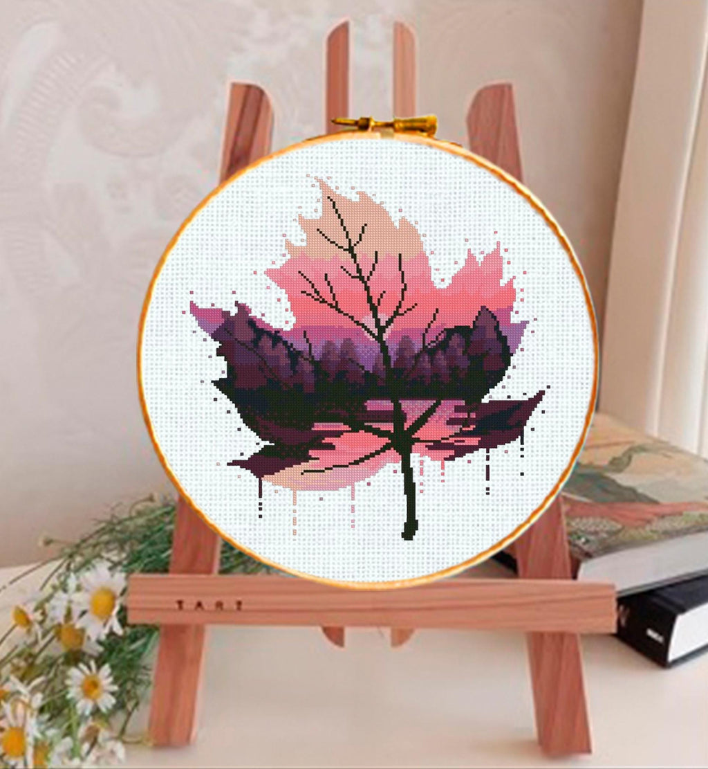 Pink Leaf Cross Stitch Pattern PDF, Mountain Landscape Leaf Embroidery Design, Modern Nature Cross Stitch Digital Download pdf - NuttyHappyHobby