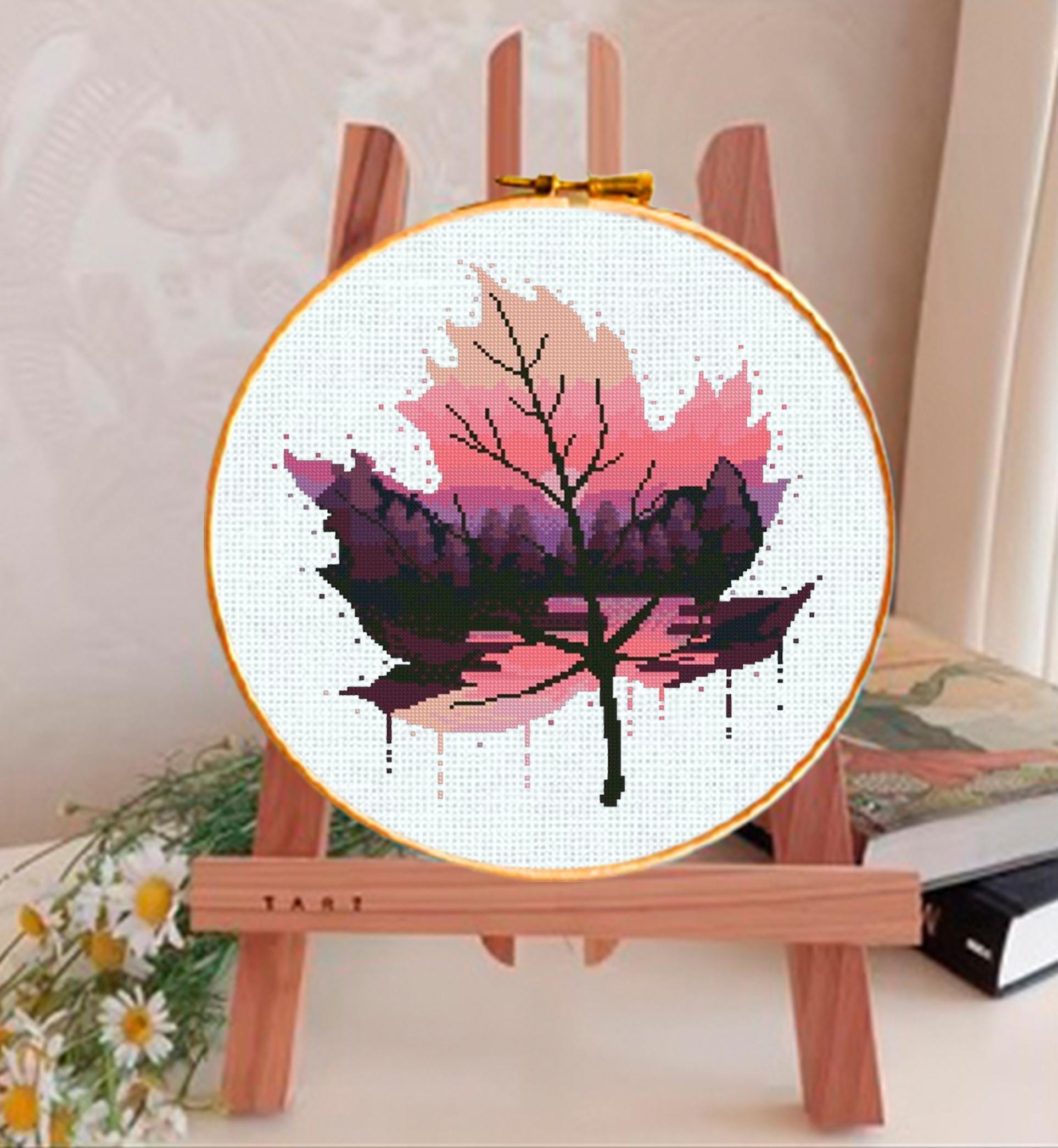 Pink Leaf Cross Stitch Pattern PDF, Mountain Landscape Leaf Embroidery Design, Modern Nature Cross Stitch Digital Download pdf - NuttyHappyHobby