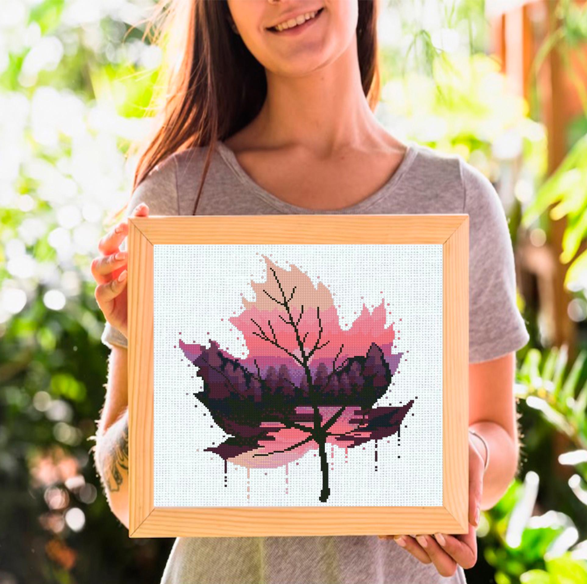 Pink Leaf Cross Stitch Pattern PDF, Mountain Landscape Leaf Embroidery Design, Modern Nature Cross Stitch Digital Download pdf - NuttyHappyHobby