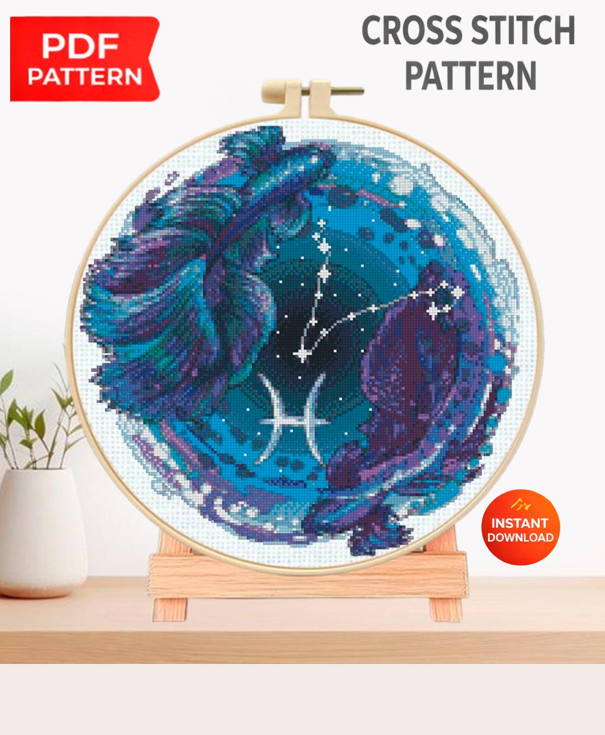 Pisces Cross Stitch Pattern PDF, Zodiac Fish Embroidery Design, Astrology Constellation Cross Stitch Chart, Celestial Needlework download - NuttyHappyHobby