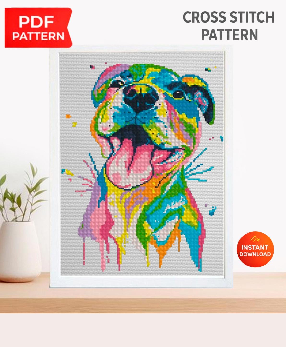 Pit Bull Cross Stitch Pattern PDF, Colorful Pitbull Dog Embroidery Design, Modern Dog Portrait Needlework Chart, Dog Lover Gift, download - NuttyHappyHobby