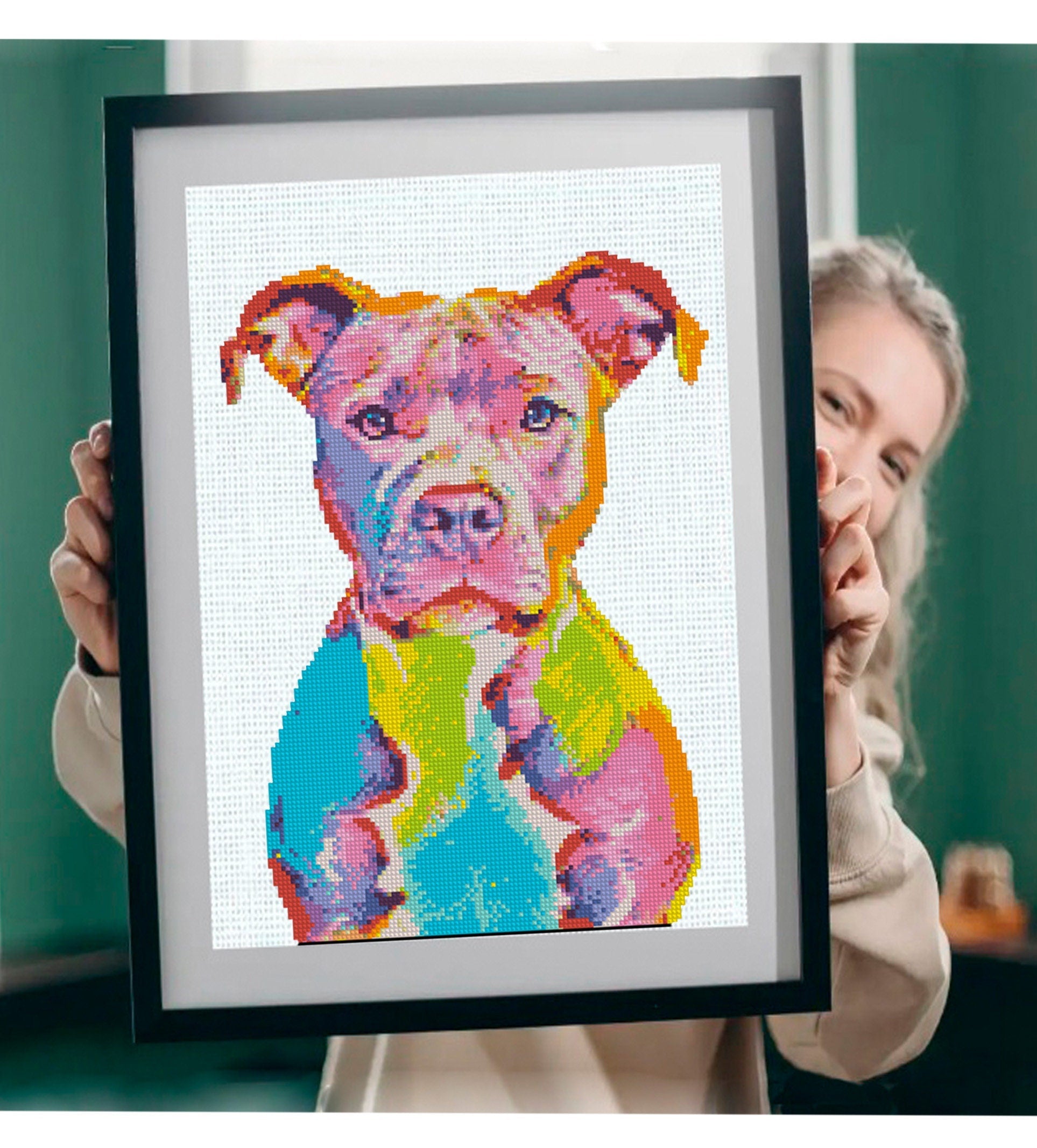 Pit Bull Cross Stitch Pattern PDF, Colorful Pitbull Dog Portrait Embroidery Design, Modern Dog Needlework Chart, Dog Lover Gift. Pet pattern - NuttyHappyHobby