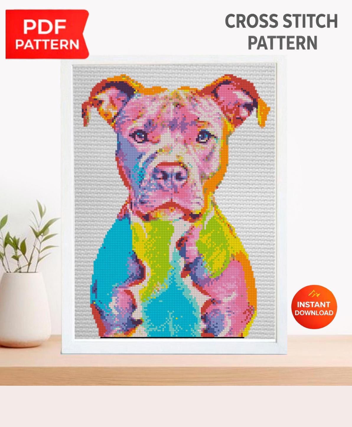 Pit Bull Cross Stitch Pattern PDF, Colorful Pitbull Dog Portrait Embroidery Design, Modern Dog Needlework Chart, Dog Lover Gift. Pet pattern - NuttyHappyHobby