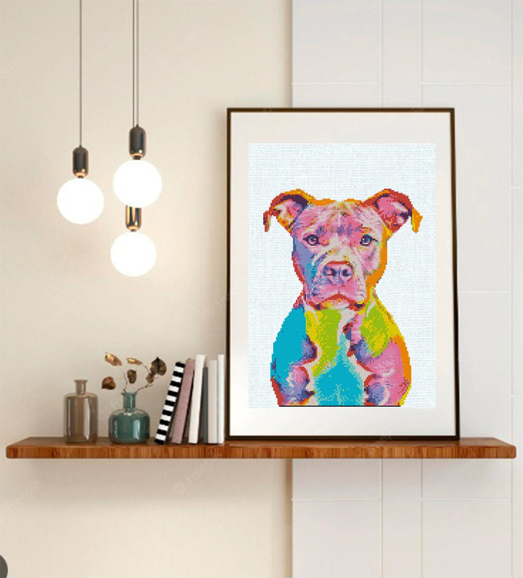 Pit Bull Cross Stitch Pattern PDF, Colorful Pitbull Dog Portrait Embroidery Design, Modern Dog Needlework Chart, Dog Lover Gift. Pet pattern - NuttyHappyHobby