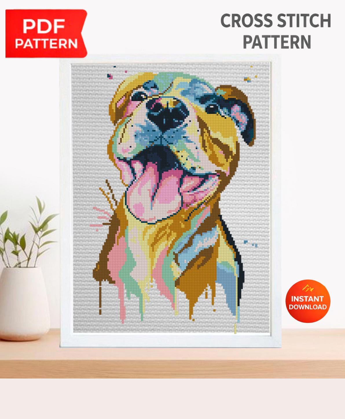 Pit Bull Cross Stitch Pattern PDF, Pitbull Dog Portrait Embroidery Design, Modern Dog Needlework Chart, Pet Lover Gift, download pdf - NuttyHappyHobby