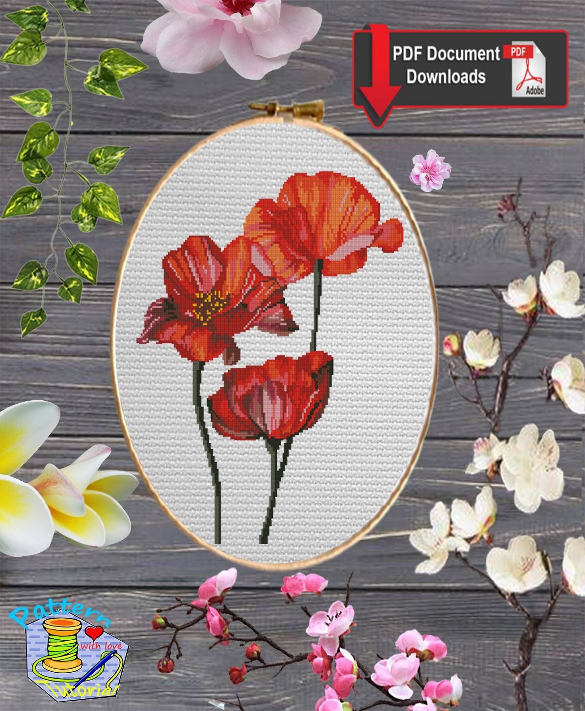 Poppy Cross Stitch Pattern PDF, Red Flower Embroidery Design, Botanical Floral Cross Stitch Chart, Modern Needlework, Instant Download pdf - NuttyHappyHobby