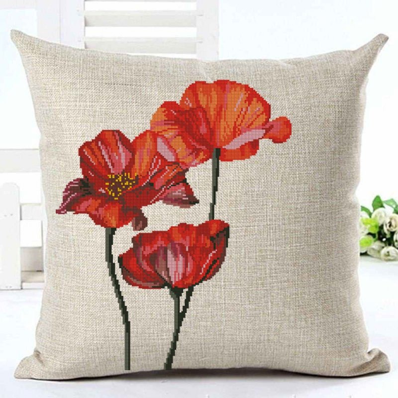 Poppy Cross Stitch Pattern PDF, Red Flower Embroidery Design, Botanical Floral Cross Stitch Chart, Modern Needlework, Instant Download pdf - NuttyHappyHobby