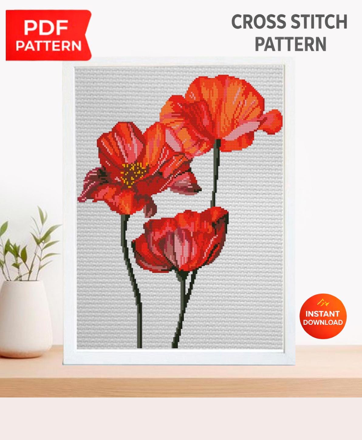Poppy Cross Stitch Pattern PDF, Red Flower Embroidery Design, Botanical Floral Cross Stitch Chart, Modern Needlework, Instant Download pdf - NuttyHappyHobby