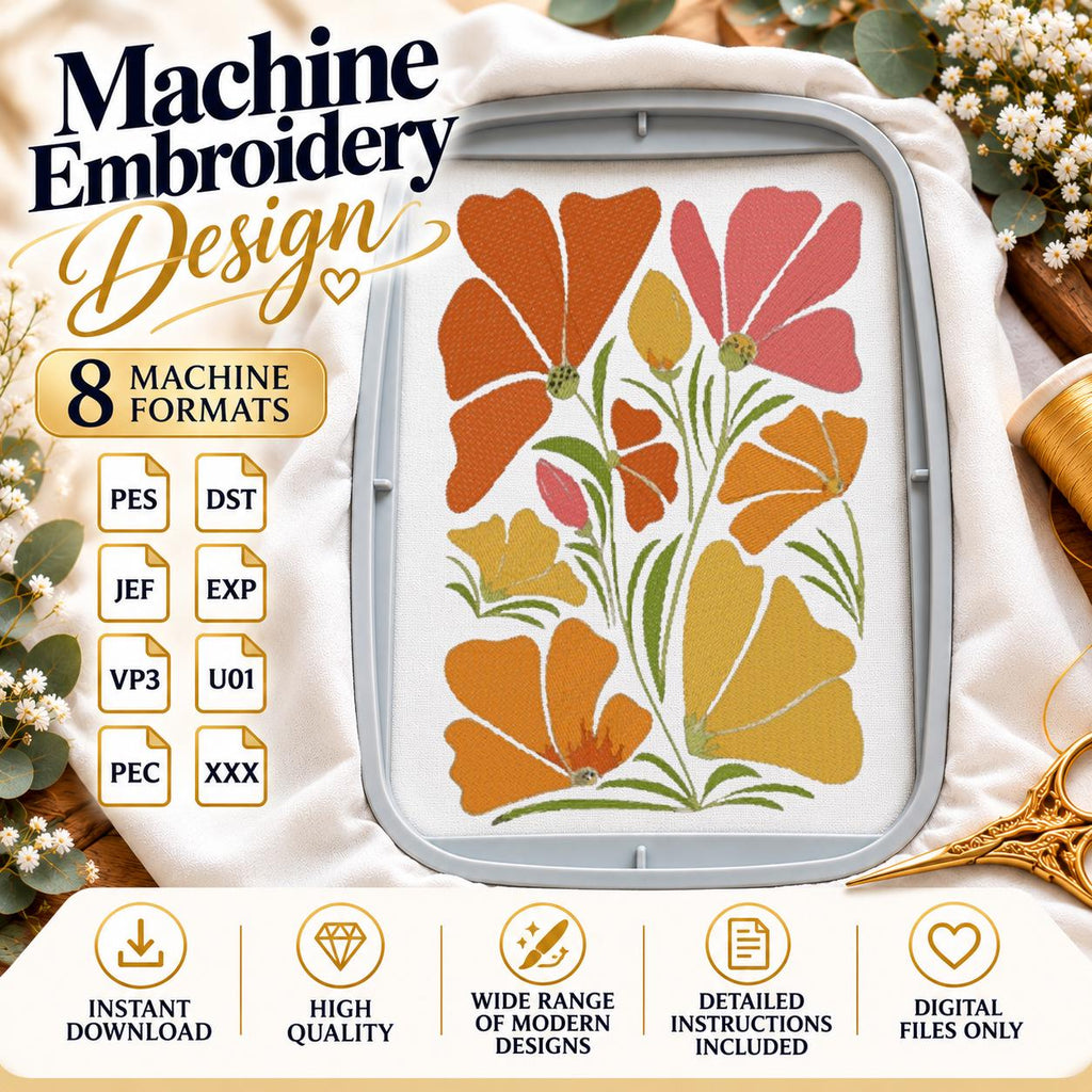 Poppy Flowers Machine Embroidery Design, Colorful Wildflower Bouquet, Retro Floral PES DST JEF Embroidery File, Instant Download - NuttyHappyHobby