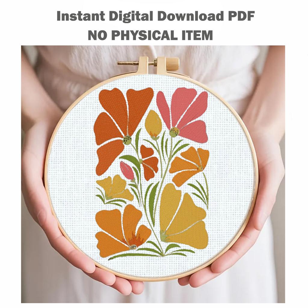 Poppy Flowers Machine Embroidery Design, Colorful Wildflower Bouquet, Retro Floral PES DST JEF Embroidery File, Instant Download - NuttyHappyHobby