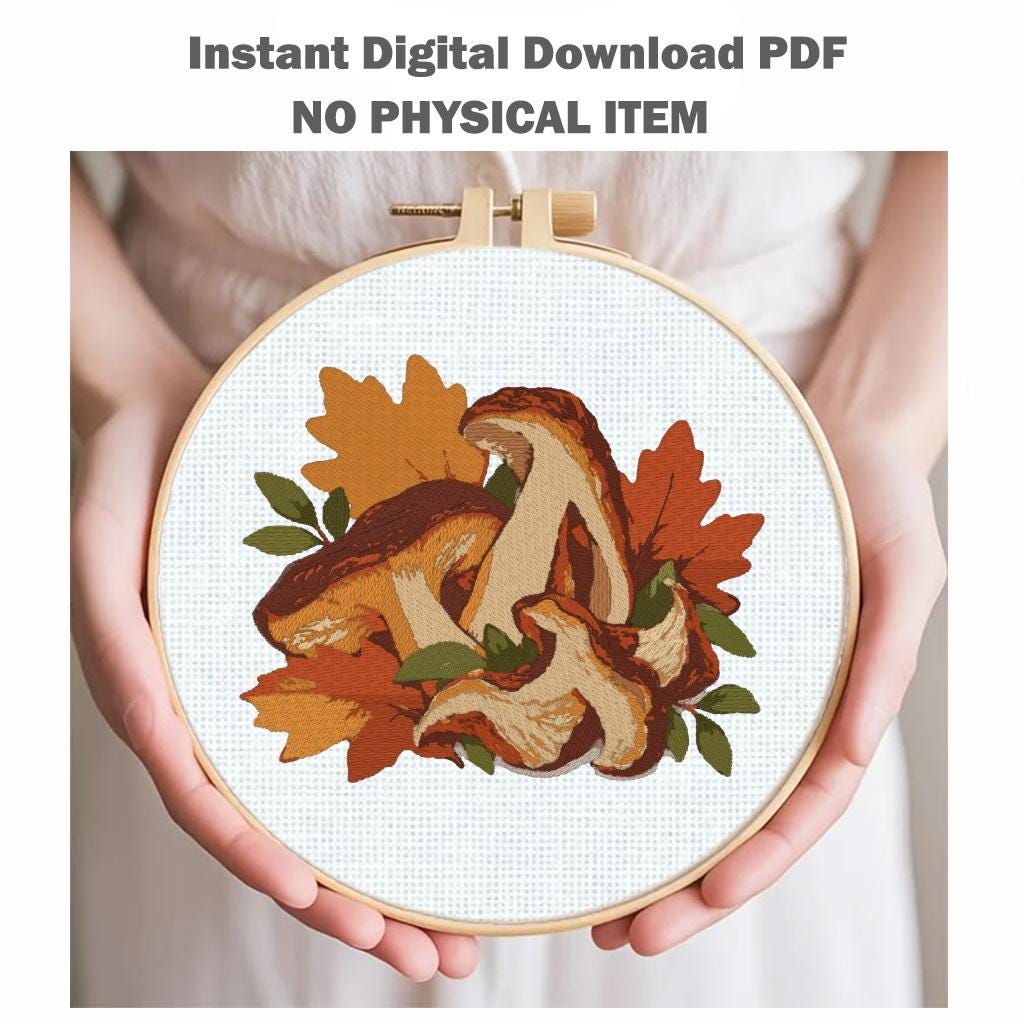 Porcini Mushroom Machine Embroidery Design, Autumn Boletus Mushrooms Fall Leaves, Woodland PES DST JEF File, Instant Download - NuttyHappyHobby